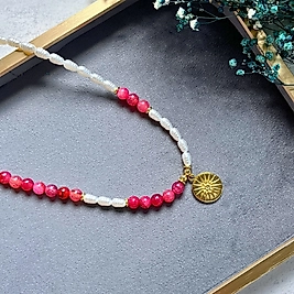 İnci ve Pembe Doğal Taşlı Altın Rengi Güneş Kolye I Mev'Armoni Collection