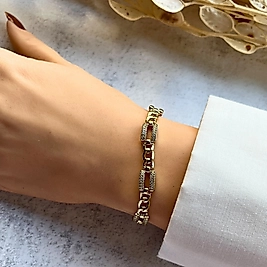 Kare Taşlı Zincir Detaylı Bileklik 17,5 cm | Mev'Altın Collection