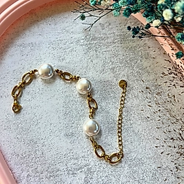 Gold Zincirli Büyük İnci Bileklik | Paslanmaz Çelik