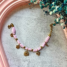 Pembe Kumaşlı Güneş & Doğa Figürlü Çelik Bileklik | Mev’ADA Collection